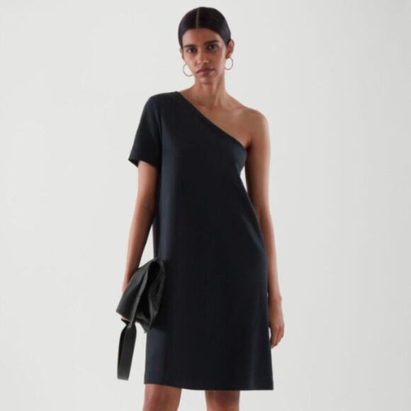Cos One Shoulder Dress Navy Blue Short Sleeve Asymmetrical Mini T-Shirt Small - Picture 1 of 10